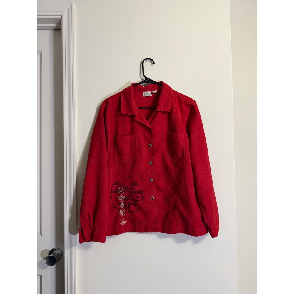 Chico's Red Faux Suede Asian Inspired Embroidered Jacket Blazer Chinese Bold